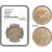 A7/147, China, Kirin, 3 Mace 6 Candareens (50 Cents) ND (1898), Kirin Mint, Silver, L&M 511, Lightly cleaned, NGC AU Details "Cleaned"
