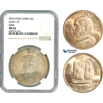 A7/159, China, Republic, Dollar Yr. 23 (1934) Shanghai Mint, Silver, L&M 110, Light champagne toning, NGC MS63