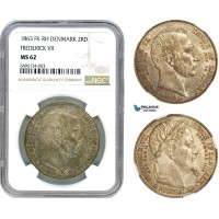 A7/167, Denmark, Christian IX, 2 Rigsdaler 1863 FK/RH, Copenhagen Mint, Silver, KM# 770, Death of Frederik VII and the accession of Christian IX, Old cabinet toning, NGC MS62