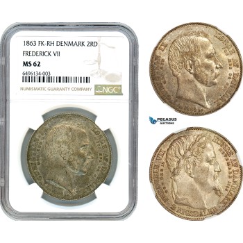 A7/167, Denmark, Christian IX, 2 Rigsdaler 1863 FK/RH, Copenhagen Mint, Silver, KM# 770, Death of Frederik VII and the accession of Christian IX, Old cabinet toning, NGC MS62