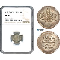 A7/170, Egypt (Ottoman Empire) Abdul Hamid II, 1 Qirsh AH1293//4, Misr Mint, Silver, KM# 277, Light toning with full Mint luster, NGC MS65