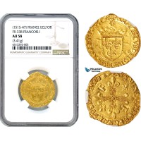 A7/185, France, Francois I, Ecu d'or ND (1515-47) Lyon Mint, Gold (3.41g) Fr. 338, Borderline to Mint state, NGC AU58