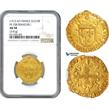 A7/185, France, Francois I, Ecu dor ND (1515-47) Lyon Mint, Gold (3.41g) Fr. 338, Borderline to Mint state, NGC AU58