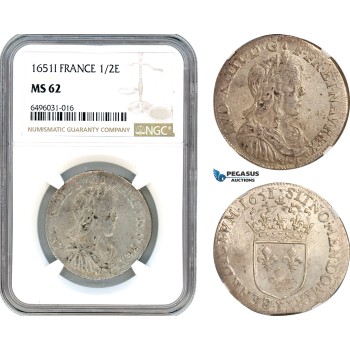 A7/187, France, Louis XIV, 1/2 Ecu 1651 I, Limoges Mint, Silver, Gad. 169, weak strike with full Mint luster! NGC MS62