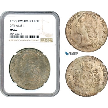 A7/193, France, Louis XV, Ecu 1762 COW, Pau Mint, Silver, Gad. 322a, Dav-A1331, Minor adjustments, fine old toning with great eye apeal! NGC MS62, Top Pop! Single finest graded!