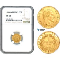 A7/208, France, Napoleon III, 5 Francs 1859 BB, Strasbourg Mint, Gold, F.501/8, Very lustrous! NGC MS62