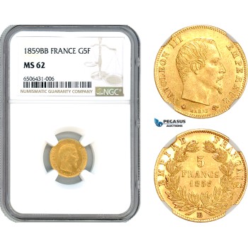 A7/208, France, Napoleon III, 5 Francs 1859 BB, Strasbourg Mint, Gold, F.501/8, Very lustrous! NGC MS62