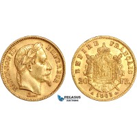 A7/210, France, Napoleon III, 20 Francs 1863 A, Paris Mint, Gold (6.45g, 0.1867 oz AGW) EF+