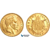 A7/214, France, Napoleon III, 20 Francs 1866 A, Paris Mint, Gold (6.45g, 0.1867 oz AGW) EF-UNC