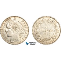 A7/221, France, Third Republic, 5 Francs 1871 K, M in star Variety, Bordeaux Mint, Silver, F.332/8, Some remaining luster! VF-EF