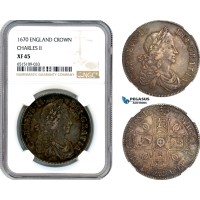 A7/280, England, Charles II, Crown 1670 VICESIMO SECVNDO, London Mint, Silver, Spink 3357, Old cabinet toning! NGC XF45