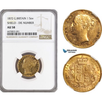 A7/287, Great Britain, Victoria, Sovereign 1872 (Die 111) London Mint, Gold, KM# 736.1, Prooflike on Obv, NGC AU58
