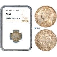 A7/327, India (British) Victoria, 1/4 Rupee 1894 B, Bombay Mint, Silver, KM# 490, Light champagne toning! NGC MS63