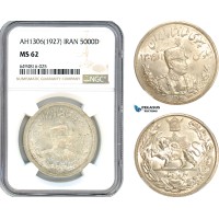 A7/336, Iran, Reza Shah, 5000 Dinar AH1306 (1927) L, Leningrad Mint, Silver, KM# 1106, A flashy coin with light toning! NGC MS62