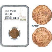A7/355, Italy, Vittorio Emanuelle II, 2 Centesimi 1862 N, Naples Mint, KM# 2.2, Nearly full red Mint brilliance! NGC MS65RB, Top Pop! Finest in RB!