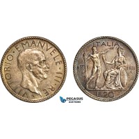 A7/357, Italy, Vittorio Emanuele III, 20 Lire 1928 VI R, Rome Mint, Silver, KM# 69, Old cleaning and now retoned! EF