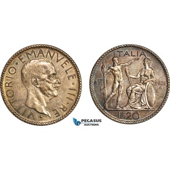 A7/357, Italy, Vittorio Emanuele III, 20 Lire 1928 VI R, Rome Mint, Silver, KM# 69, Old cleaning and now retoned! EF
