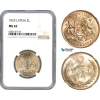 A7/365, Latvia, 2 Lati 1925, London Mint, Silver, KM# 8, Champagne toning with full Mint lustre, NGC MS65
