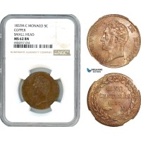 A7/391, Monaco, Honore V, 5 Centimes 1837 M, Monaco Mint, Small Head Variant, Copper, KM# 95.2, NGC MS62BN, Pop 2/2