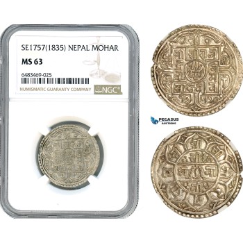 A7/398, Nepal, Rajendra Bikram Shah, 1 Mohar SE1757 (1835) Silver, KM# 565, NGC MS63, Top Pop! Single finest graded!