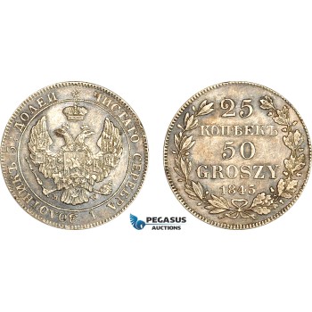A7/472, Poland, Nicholas I. of Russia, 25 Kopeks / 50 Groszy 1845 MW, Warsaw Mint, Silver, Bit. 1251 R, Lightly cleaned, partly toned! VF-EF