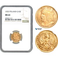 A7/473, Poland, 10 Zlotych 1925 (Boleslaw Chrobry) Warsaw Mint, Gold, KM Y# 32, Prooflike appearance! NGC MS64