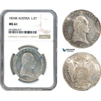 A7/52, Austria, Franz II, 1/2 Taler 1824 B, Kremnitz Mint, Silver, Her. 413, Blast white with full prooflike surfaces! NGC MS61, Top Pop!