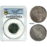 A7/530, Romania, Carol II, Pattern 50 Lei 1937, Bucharest Mint, Lead (10.21g) Plain edge, coin rotation, Schäffer/Stambuliu 156, PCGS SP64, Rare!