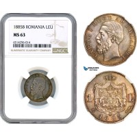 A7/558, Romania, Carol I, 1 Leu 1885 B, Bucharest Mint, Silver, Schäffer/Stambuliu 037, Fantastic toning! NGC MS63, Pop 1/3, Rare key date!