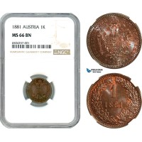 A7/57, Austria, Franz Joseph, 1 Kreuzer 1881, Vienna Mint, KM# 2186, NGC MS66BN