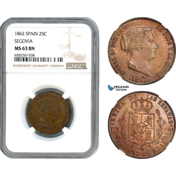 A7/657, Spain, Isabella II, 25 Centimos 1862, Segovia Mint, KM# 615, NGC MS63BN
