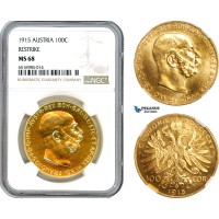 A7/70, Austria, Franz Joseph, 100 Corona 1915, Vienna Mint, Gold, KM# 2819, Modern Restrike, NGC MS68, Top Pop!