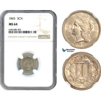 A7/721, United States, 3 Cents "Three Cent Nickel" 1865, Philadelphia Mint, KM# 95, NGC MS64