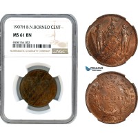 A7/89, British North Borneo, 1 Cent 1907 H, Heaton, Birmingham Mint, KM# 2, Key date! NGC MS61BN