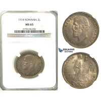 A75, Romania, Carol I, 2 Lei 1914, Silver, NGC MS65