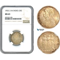 A8/115, Danish West Indies, Christian IX, 20 Cents 1905, Copenhagen Mint, Silver, KM-79, Lustrous example with dark champagne toning, NGC MS63