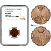 A8/437, Russia, Alexander II, Denezhka 1855 BM, Warsaw Mint, Bitkin 484, NGC AU58BN
