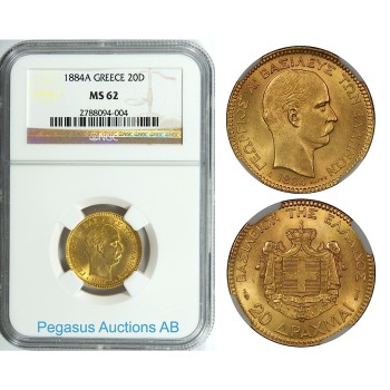 A91, Greece, George I, 20 Drachmai 1884-A, Gold, NGC MS62