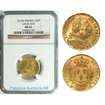 A95, France, Louis XVIII, 20 Francs 1814-A, Gold, NGC MS63