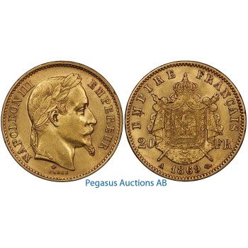 A96, France, Napoleon III, 20 Francs 1869-A, Gold, 6.45g. 0.900, Nice!