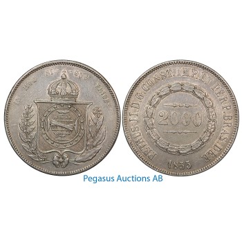 A98, Brazil, Pedro II, 2000 Reis 1855, Silver Crown, Nice!