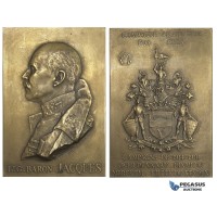 AA001 Belgium, 1921 Bronze Plaque Medal (70x47mm, 97.3g) by Bremaecker, Arabian Campaign, Lt. Baron Jacques, WW1
