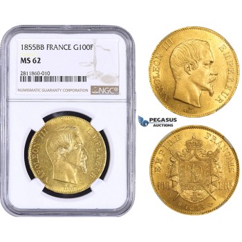 AA028, France, Napoleon III, 100 Francs 1855-BB, Strasbourg, NGC MS62, Pop 2/0, No finer! Rare!