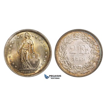 AA029, Switzerland, 2 Francs 1879-B, Bern, Silver, Rainbow toned AU