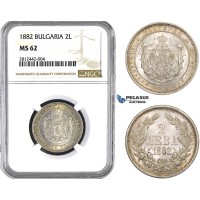 AA039, Bulgaria, Alexander, 2 Leva 1882, St. Petersburg, Silver, NGC MS62