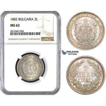 AA039, Bulgaria, Alexander, 2 Leva 1882, St. Petersburg, Silver, NGC MS62
