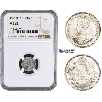AA041, Canada, George V, 5 Cents 1920, Silver, NGC MS62