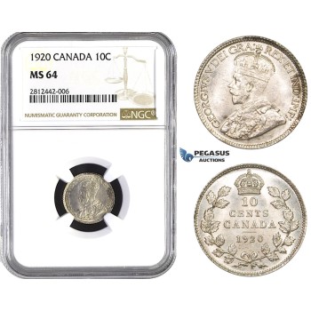 AA042, Canada, George V, 10 Cents 1920, Silver, NGC MS64