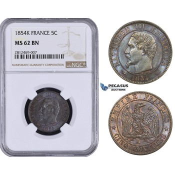 AA051, France, Napoleon III, 5 Centimes 1854-K, Bordeaux, NGC MS62BN
