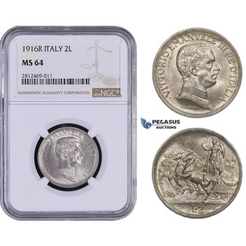AA055, Italy, Vitt. Emanuele III, 2 Lire 1916-R, Rome, Silver, NGC MS64